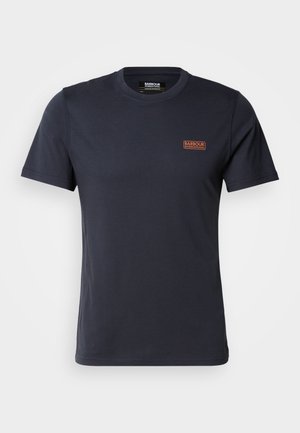 Navy blue T-shirt made of cotton with a classic crew neck, featuring a small orange logo on the left chest area and short sleeves.