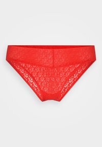 Sous-vêtements en dentelle rouge avec des motifs floraux délicats et une taille lisse et extensible. Le design est sans couture avec une coupe basse.