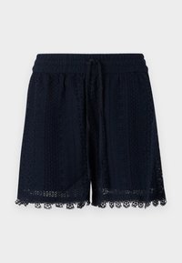 Marineblå shorts lavet af hæklede stoffer med et struktureret mønster og spidskant i kanten. Elastisk talje med snore.