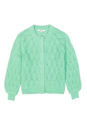 Cardigan en maille vert menthe avec un motif texturé, col rond et fermetures à boutons. Présente des poignets et un ourlet côtelés.