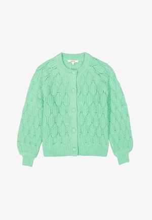 Cárdigan de punto verde menta con un patrón texturizado, escote redondo y cierres de botón. Presenta puños y dobladillo acanalados.