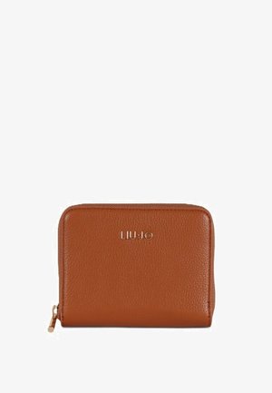 Brązowy portfel z teksturowanej skóry z złotym zamkiem błyskawicznym i wytłoczonym logo "LIU JO" na środku przedniej strony.