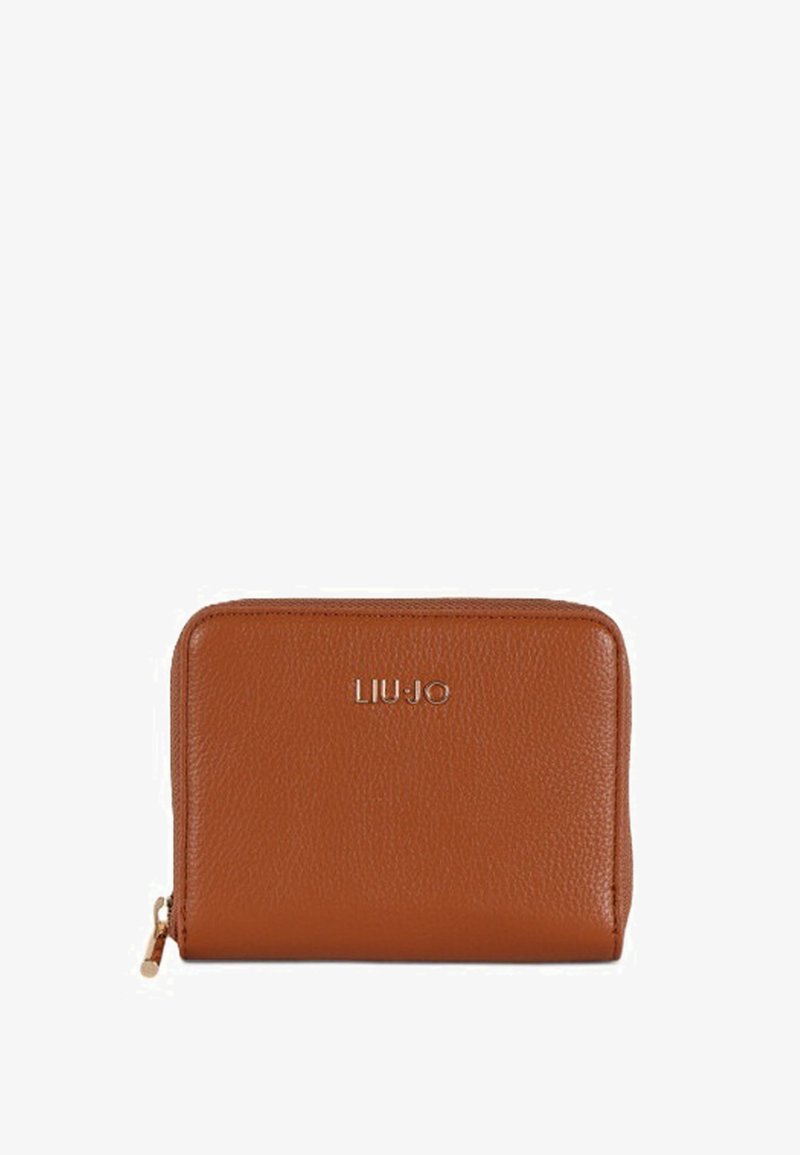 Portafoglio in pelle marrone con texture, cerniera dorata e logo "LIU JO" in rilievo al centro davanti.