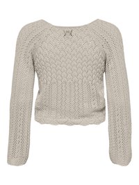 Pletena majica u svijetlosmeđoj boji s teksturiranim otvorenim tkanjem, rebrastim rukavima i širokim izrezom. Ima duge rukave i skraćeni dizajn.