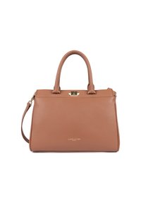 Sac à main structuré en cuir marron avec deux poignées, fermoir doré, bandoulière amovible et logo "Lancaster Paris" à l'avant.