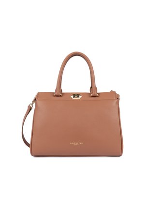 Sac à main structuré en cuir marron avec deux poignées, fermoir doré, bandoulière amovible et logo "Lancaster Paris" à l'avant.