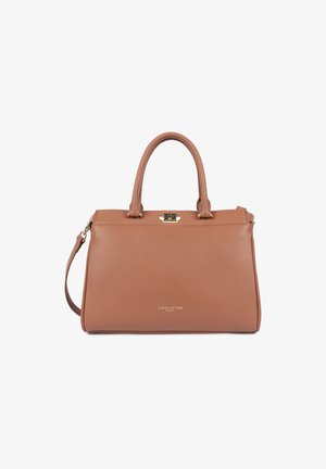 Structured brown leather handbag with two handles, gold clasp, detachable shoulder strap, and "Lancaster Paris" logo on front.