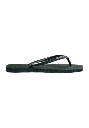 Chancla Havaianas brillante en negro y azul oscuro con suela texturizada y tira con marca, vista lateral sobre fondo blanco.