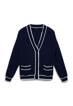 Marineblauer Cardigan mit weißem Besatz, vier schwarzen Knöpfen, zwei Fronttaschen und langen Ärmeln.