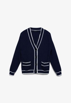 Marineblauer Cardigan mit weißem Besatz, vier schwarzen Knöpfen, zwei Fronttaschen und langen Ärmeln.