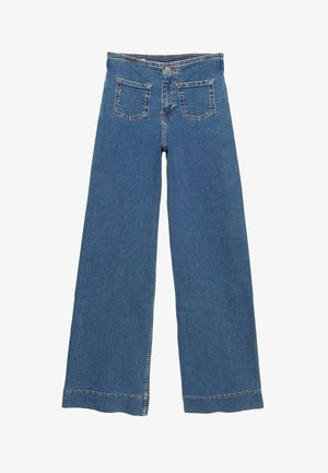 Blaue Denim-Breitbeinjeans mit Vorderknopf und Reißverschluss, zwei Vordertaschen und sichtbaren Nähten auf einem weißen Hintergrund.