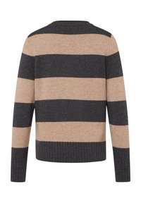 Gestrickter Pullover mit horizontalen Streifen in Dunkelgrau und Beige, Rundhalsausschnitt, geripptem Saum und langen Ärmeln. Weiche Textur und lässiges Design.