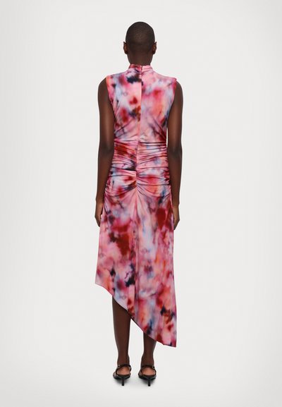 Asymmetrical dress in pink, blue, and white tie-dye pattern; gathered detailing at back, smooth fabric, sleeveless design, knee-length on one side.