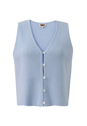 Cardigan sans manches bleu clair en tissu tricoté côtelé, avec un col en V et cinq boutons blancs sur le devant.
