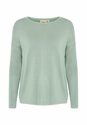 Jasnozielony sweter z długim rękawem, okrągłym dekoltem, prążkowaną fakturą i prostym krojem, z charakterystycznym detalem na środku szwu.