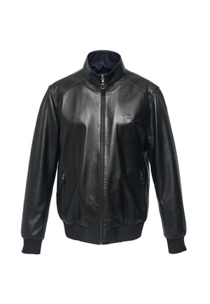 Schwarze Lederjacke mit Stehkragen, Frontreißverschluss, zwei seitlichen Reißverschlusstaschen und gerippten Bündchen und Saum. Glatte Oberfläche, klassisches Design.