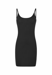 Mustmustrih mustrih kleit õhukeste triipudega, valmistatud siledast kangast. Omab lihtsat siluetti ja kerget venivust mugavuse tagamiseks. Puuduvad nähtavad mustrid või aksessuaarid.