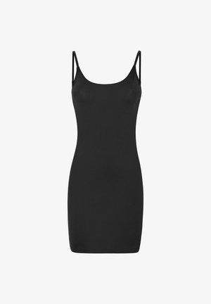 Rochie neagră, ajustată, cu bretele subțiri, dintr-un material neted. Prezintă o formă simplă și o ușoară elasticitate pentru confort. Fără modele sau accente vizibile.