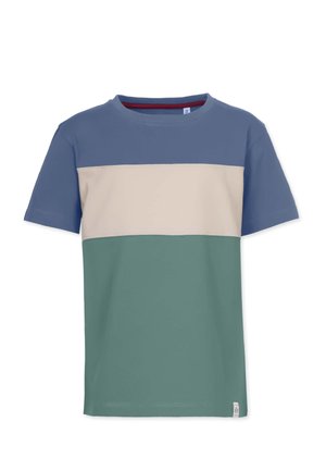 T-shirt med korte ærmer med blå øverste sektion, beige midterstribe og grøn nederste sektion, vist mod en hvid baggrund.