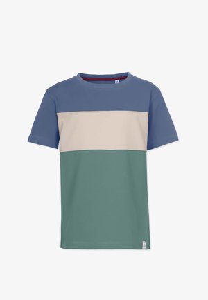 T-shirt med korte ærmer med blå øverste sektion, beige midterstribe og grøn nederste sektion, vist mod en hvid baggrund.