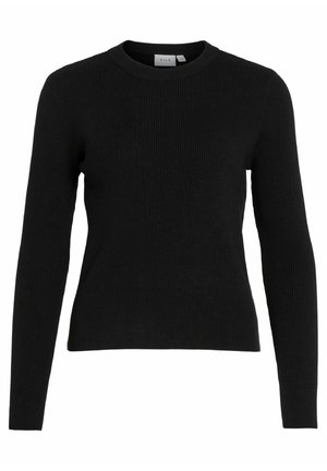 Maglione nero a coste con maniche lunghe e scollatura rotonda. Presenta un design aderente e una texture morbida, adatto per un look casual.