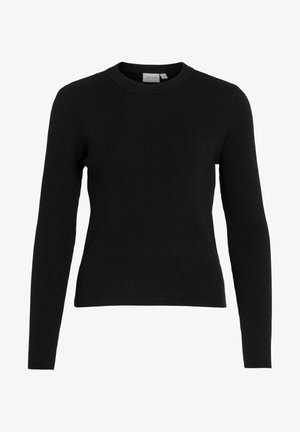 Pull en maille côtelée noir avec des manches longues et un col rond. Présente une coupe ajustée et une texture douce, adapté pour un style décontracté.