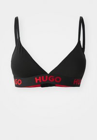 Zwarte soft cup bralette met verstelbare bandjes en een brede zwarte band met rode "HUGO" tekst. Glad materiaal en driehoekige vorm.
