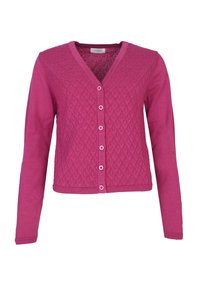 Fuchsia cardigan with long sleeves, V-neck, diamond-textured pattern, and five pink buttons down the front. Soft, knitted fabric.