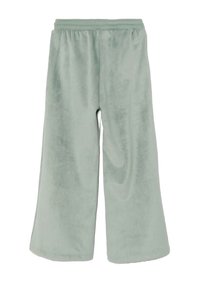 Pantaloni larghi di color verde chiaro, realizzati in un morbido tessuto texturizzato, con una vita elasticizzata e senza chiusure visibili, progettati per il comfort.