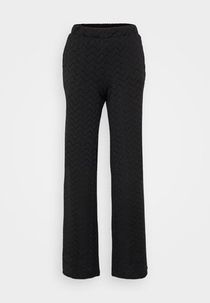 Black wide-leg pants featuring a textured zigzag pattern, elastic waistband, and lightweight fabric for comfort.