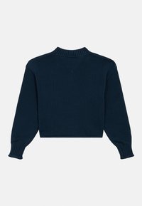 Marineblauer, bauchfreier Pullover mit langen Ärmeln, gerippten Bündchen und Kragen, strukturiertem Strickmuster und einer klaren, einfachen Silhouette.