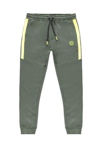 Groene sweatpants met een trekkoord, voorzien van gele zijstreepjes en een circulair logo. Gemaakt van zacht materiaal met een casual ontwerp.