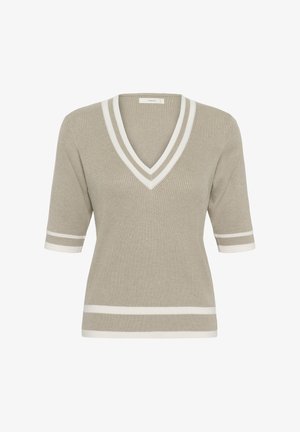 Béžový krátký pletený top s výstřihem do V, bílé dvojité pruhy na límci, manžetách rukávů a spodním lemu, žebrovaná textura, úzký střih.