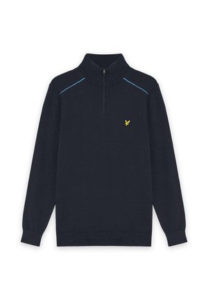 Marineblauer langärmeliger Pullover mit Viertelreißverschluss, hellblauen Schulternähten und kleinem gelbem Vogel-Logo auf der Brust.