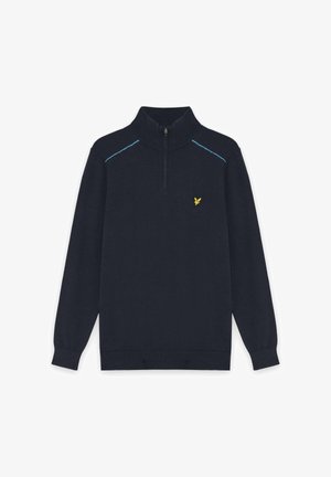 Marineblauer langärmeliger Pullover mit Viertelreißverschluss, hellblauen Schulternähten und kleinem gelbem Vogel-Logo auf der Brust.