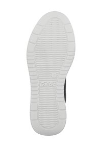 Sneaker nera con suola in gomma bianca, caratterizzata da un fondo testurizzato con scanalature per la presa e un logo impresso.