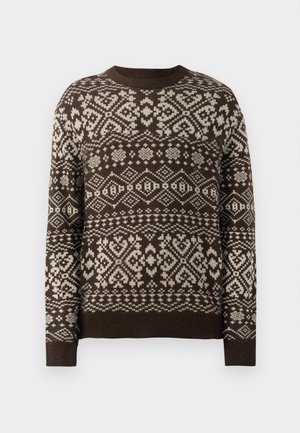 Brown sweater with cream geometric pattern, round neckline, and long sleeves. Made from a soft knit material with ribbed cuffs.