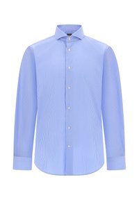 Jasnoniebieska, długa koszula z długim rękawem wykonana z bawełny, z białymi pionowymi paskami, zapinana na guziki, z klasycznym kołnierzykiem i zaokrąglonym dołem.