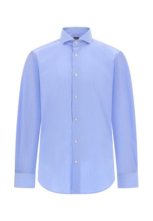 Jasnoniebieska, długa koszula z długim rękawem wykonana z bawełny, z białymi pionowymi paskami, zapinana na guziki, z klasycznym kołnierzykiem i zaokrąglonym dołem.