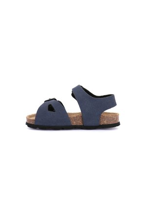 Sandalo blu navy per bambini con punta aperta, cinturini regolabili e sottopiede in sughero su sfondo bianco.