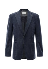 Marineblauer Cordblazer mit vertikalen Streifen, einreihiger Knopfverschluss, Reverskragen, zwei vordere Taschen und gemustertem Innenfutter.