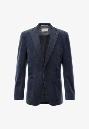 Navy corduroy blazer with vertical stripes, single-button closure, notched lapels, two front pockets, and patterned lining.