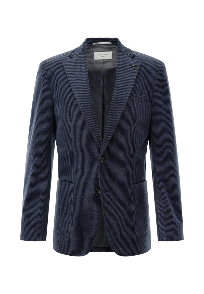 Marineblauer Cordblazer mit vertikalen Streifen, einreihiger Knopfverschluss, Reverskragen, zwei vordere Taschen und gemustertem Innenfutter.