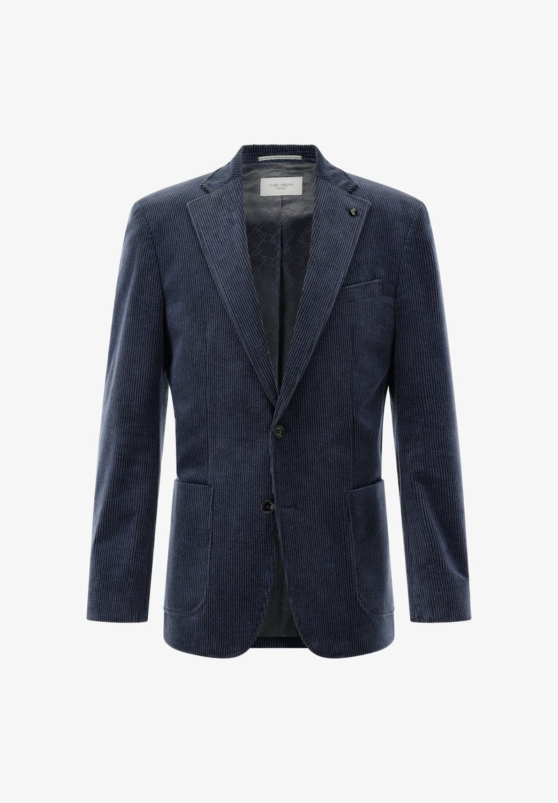 Navy corduroy blazer with vertical stripes, single-button closure, notched lapels, two front pockets, and patterned lining.