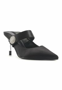 Black satin pointed-toe heel with a clear acrylic mid-heel and a shiny circular embellishment on the ankle strap. Smooth texture.