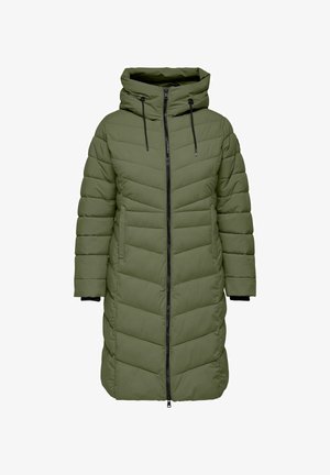 Cappotto imbottito verde oliva con motivo a zigzag, cappuccio, zip frontale e dettagli neri. Presenta polsini elasticizzati e una silhouette lunga.
