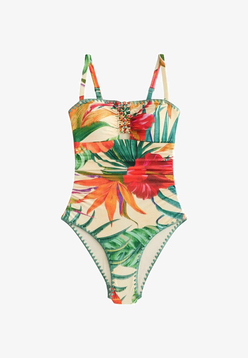 Egyrészes úszódressz állítható vállpántokkal, trópusi virágmintával zöld, narancssárga és vörös árnyalatokban, valamint redőzött részletekkel a mellrészen.