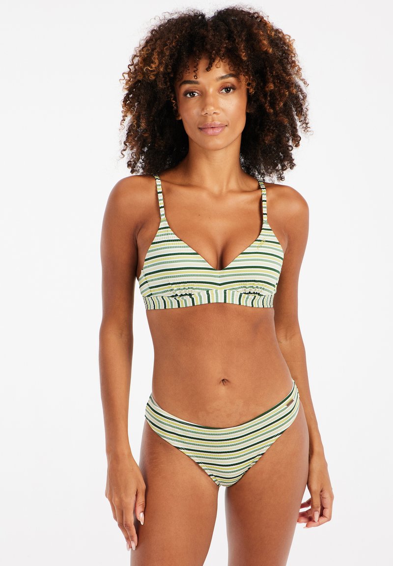 Set bikini a righe composto da un reggiseno triangolare con spalline regolabili e un perizoma a vita bassa coordinato, nei colori verde, giallo e nero.