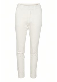 Witte op maat gemaakte broek gemaakt van een gladde katoenmix, met een ritssluiting, riemlussen en twee zijzakken met een taps toelopende pijp.