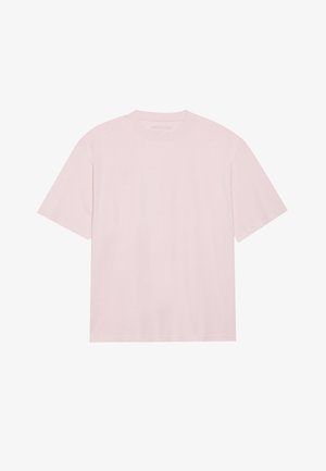 T-shirt a maniche corte di un rosa chiaro, realizzato in cotone morbido. Presenta un collo a giro e una vestibilità rilassata, senza motivi o embellishments visibili.